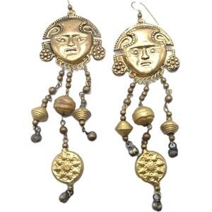Gold Brass Peruvian Inca Face Dangle Drop Earrings Hammered Artisan Crafted VTG